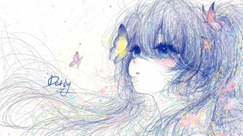少女发丝 蝴蝶 绘画 4K动漫壁纸 线稿