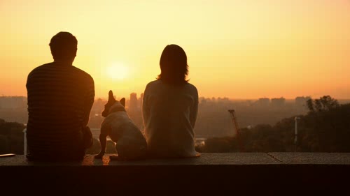 A couple in love watching a romantic sunset 