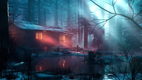 Cabin on the lake in the winter desktop wallpaper 